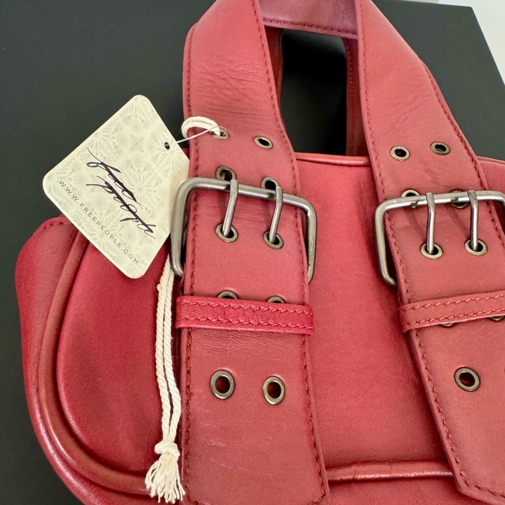 NWT Free People Red Mini Bag with Buckle Straps Small Handbag Leather Zip - Picture 3 of 6